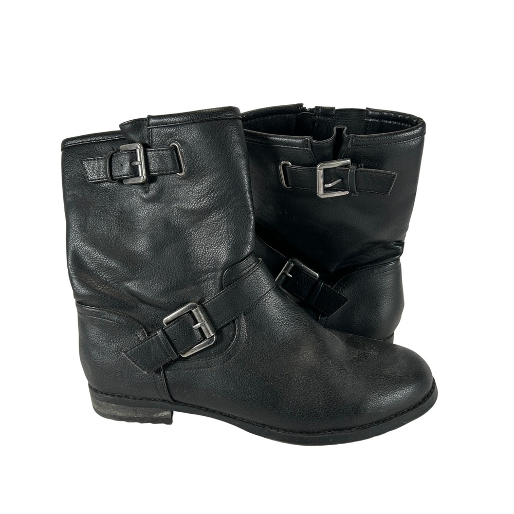 Lane Bryant Black Faux Leather Moto Buckle Boots 10.5W Mid Calf Zip Edgy Biker